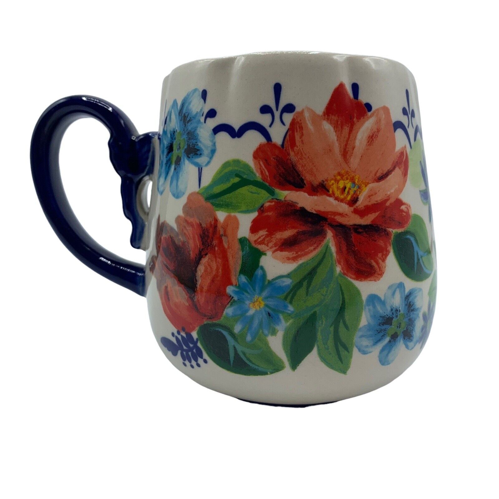 Pioneer Woman Floral Peony Orange Poppy Stoneware Coffee Mug Tea Cup Blue Handle