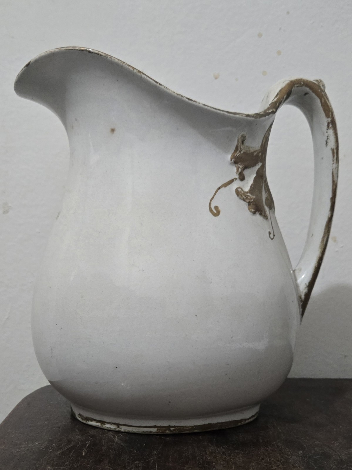 Antique Victorian English White Ironstone Pitcher Gold Gilt Crest Warranted 8.5\
