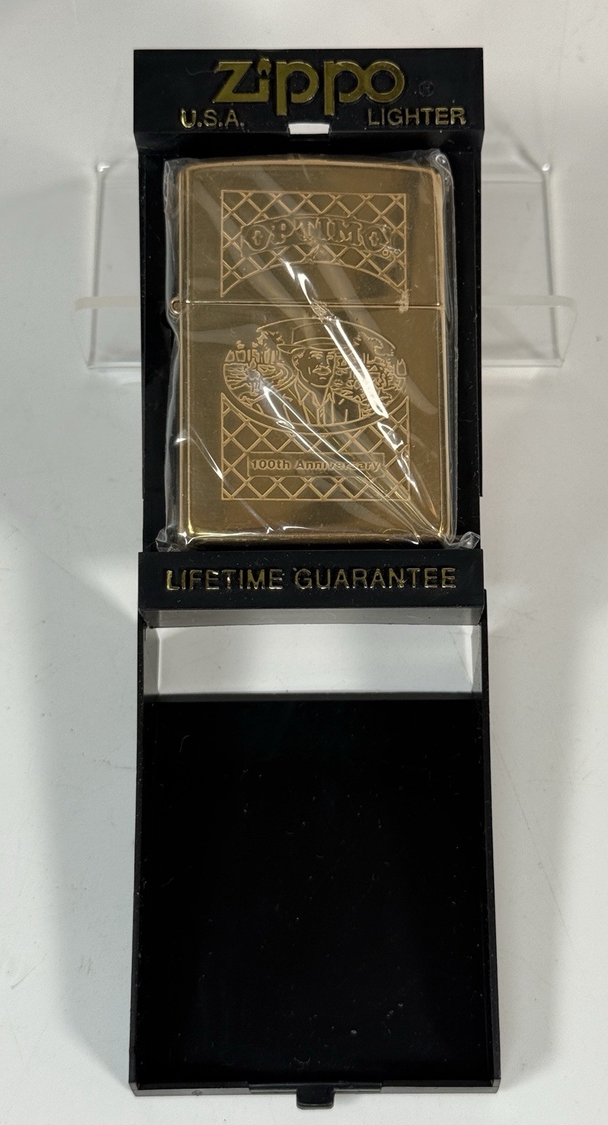 NOS 1998 Zippo Optimo 100th Anniversary Brass Lighter New & Sealed XIV In Box NOS 1998 Zippo Optimo 100th Anniversary Brass Lighter New & Sealed XIV In Box