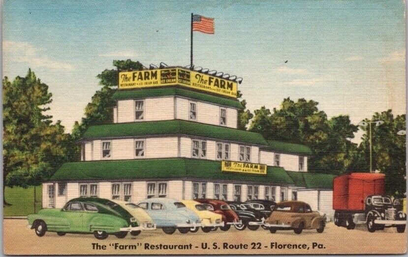 1950s FLORENCE, Pennsylvania Postcard THE FARM RESTAURANT Route 22 Linen Unused