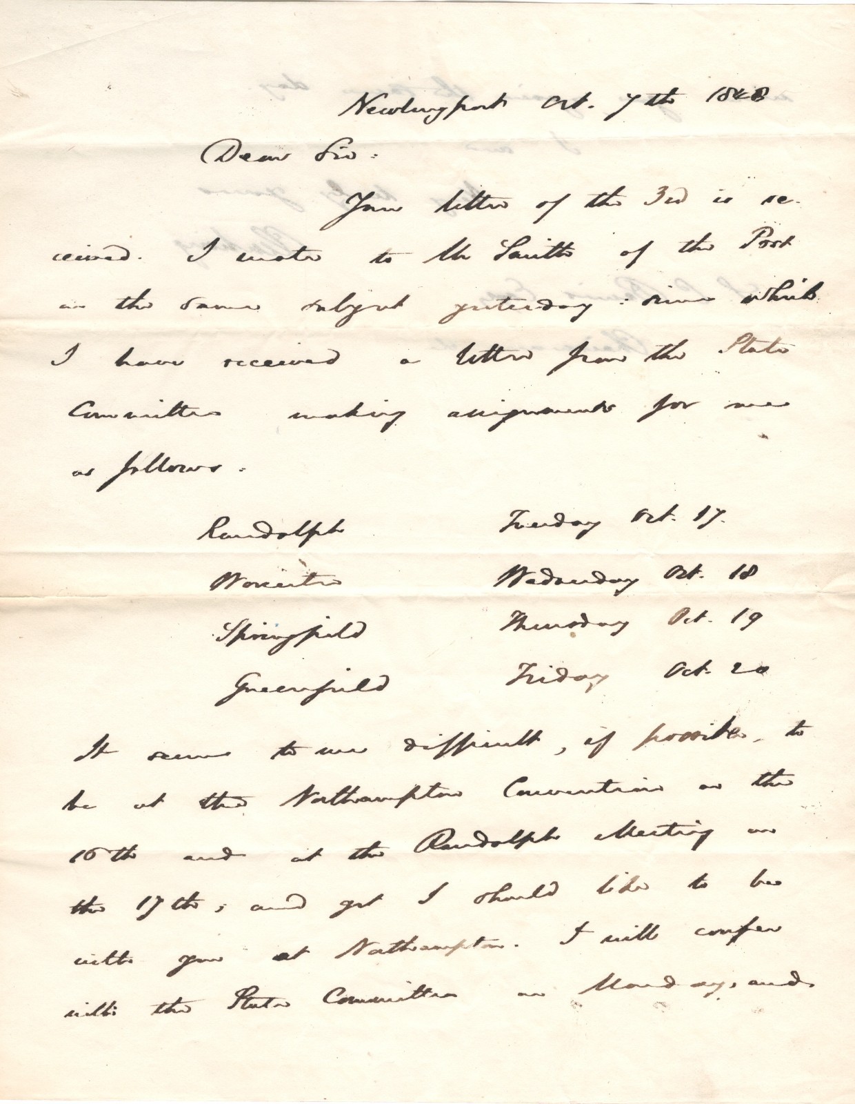Caleb Cushing. Attorney General. Signed letter re his schedule in 1848. COA