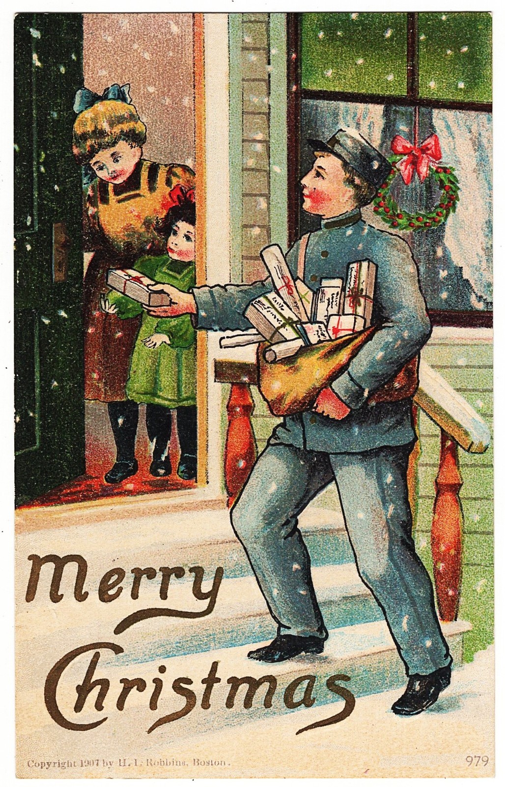 Postman Delivering Christmas Gifts mailed 1908 H I Robbins antique Christmas pc Postman Delivering Christmas Gifts mailed 1908 H I Robbins antique Christmas pc