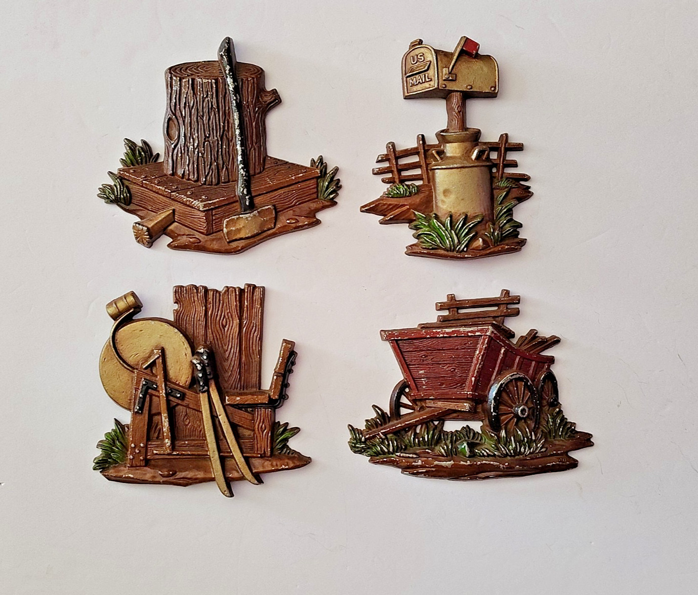 VTG Sexton 1976 Rustic Fram House Lot of 4 Cast Aluminum 3D Wall Hanging Plaques