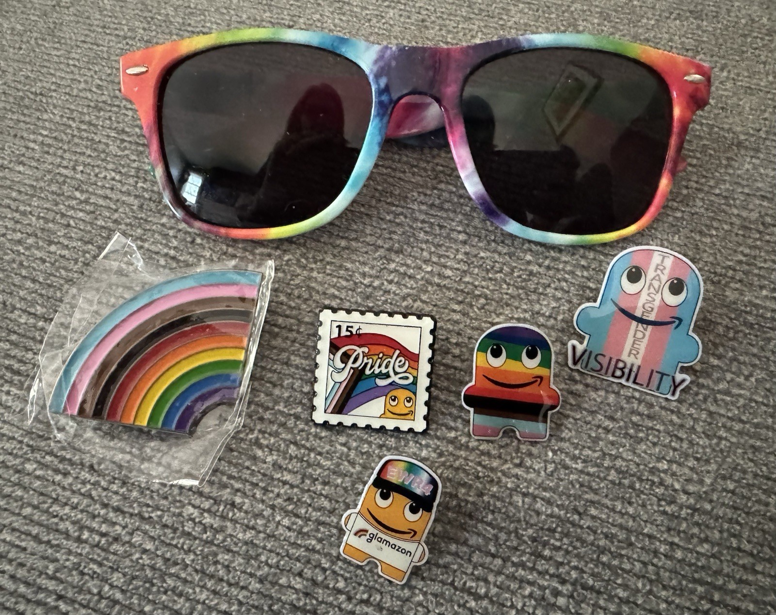 Amazon PRIDE/GLAMAZON Employee DEI Peccy Pins and New Sunglasses Lot of 6