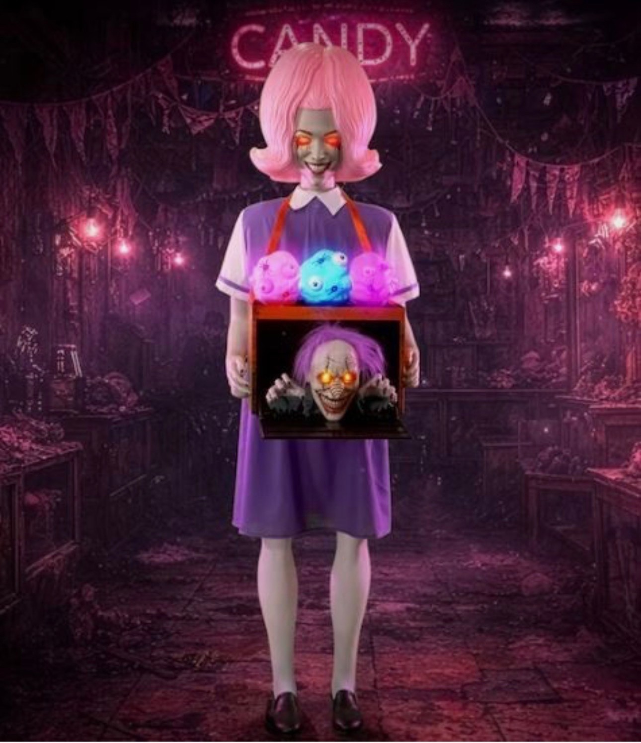 5.5 FT ANIMATED ROTTEN COTTON CANDY GIRL HALLOWEEN ANIMATRONIC PROP