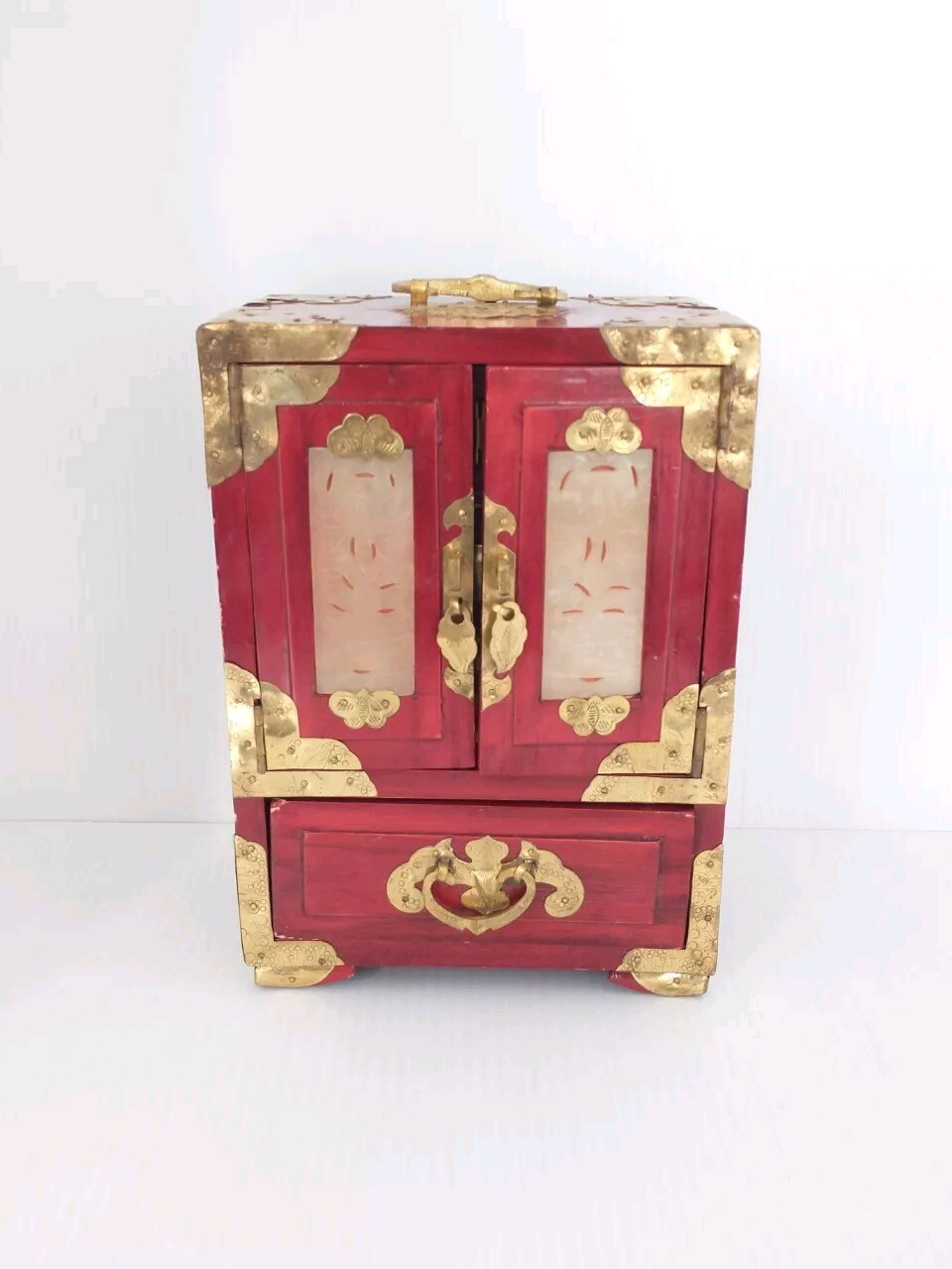 Vintage Chinese Rosewood Jewelry Box Ornate Brass Jade Inlay