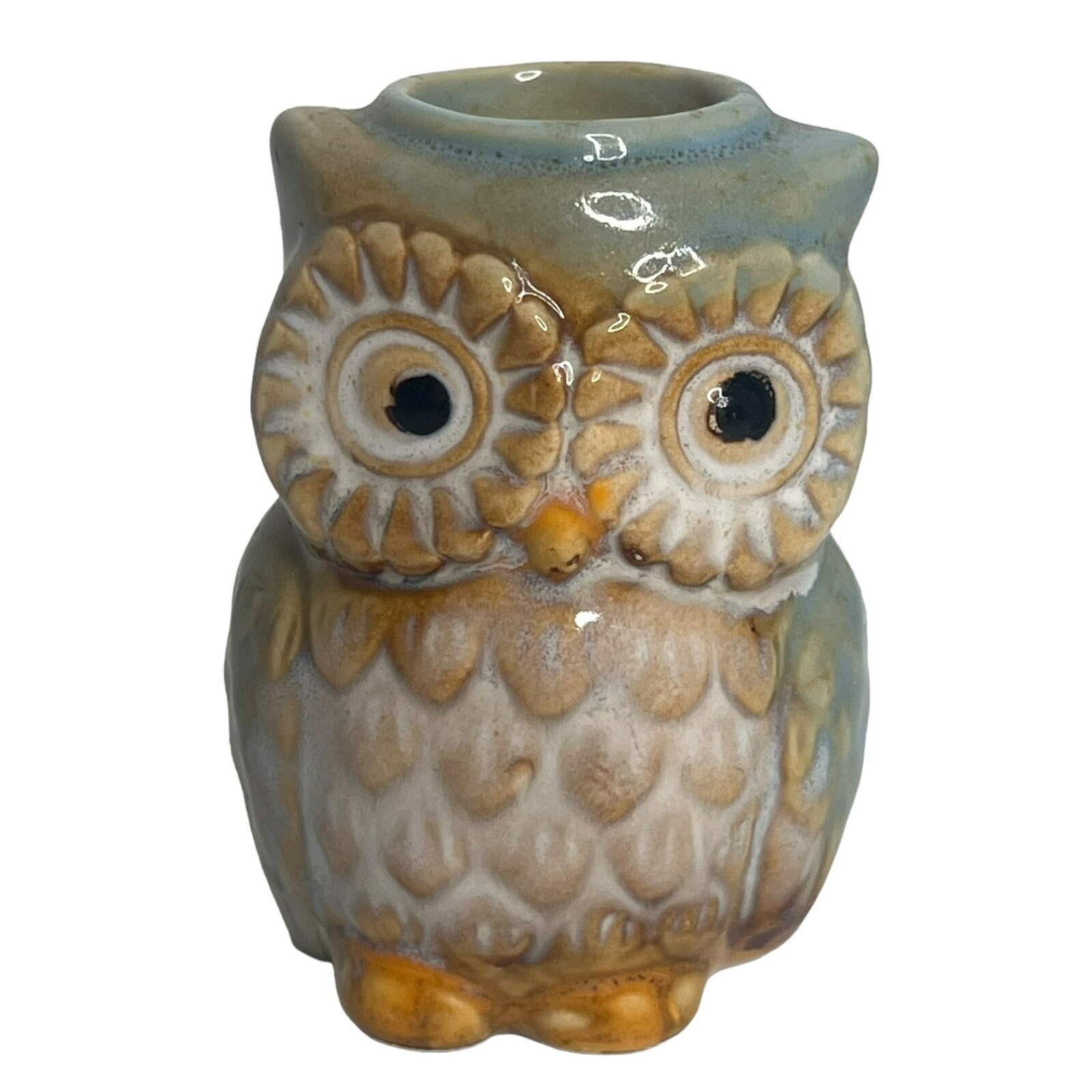 Blue Ceramic Owl Toothpick Holder Brown Accents Decorative Kitchen Charm 3”