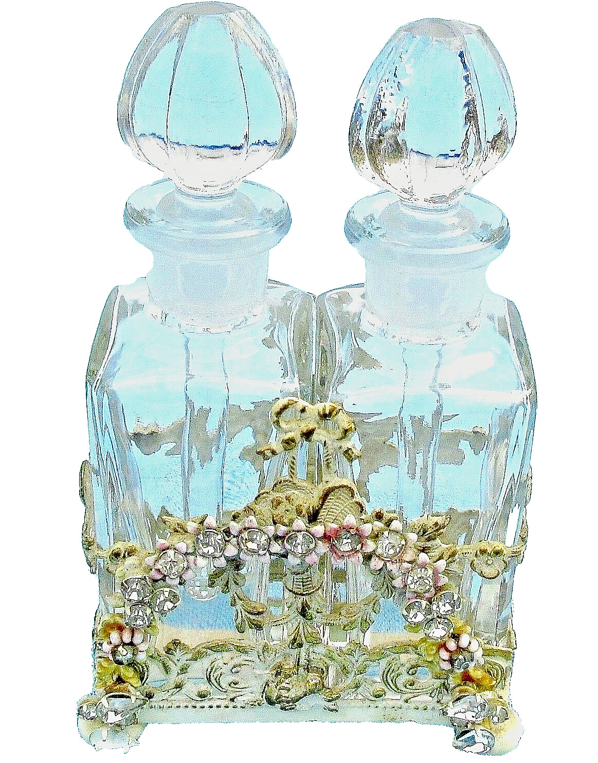 SALE Vtg APOLLO PERFUME BOTTLE CADDY Embellished Ormolu Rhinestones White/Gold