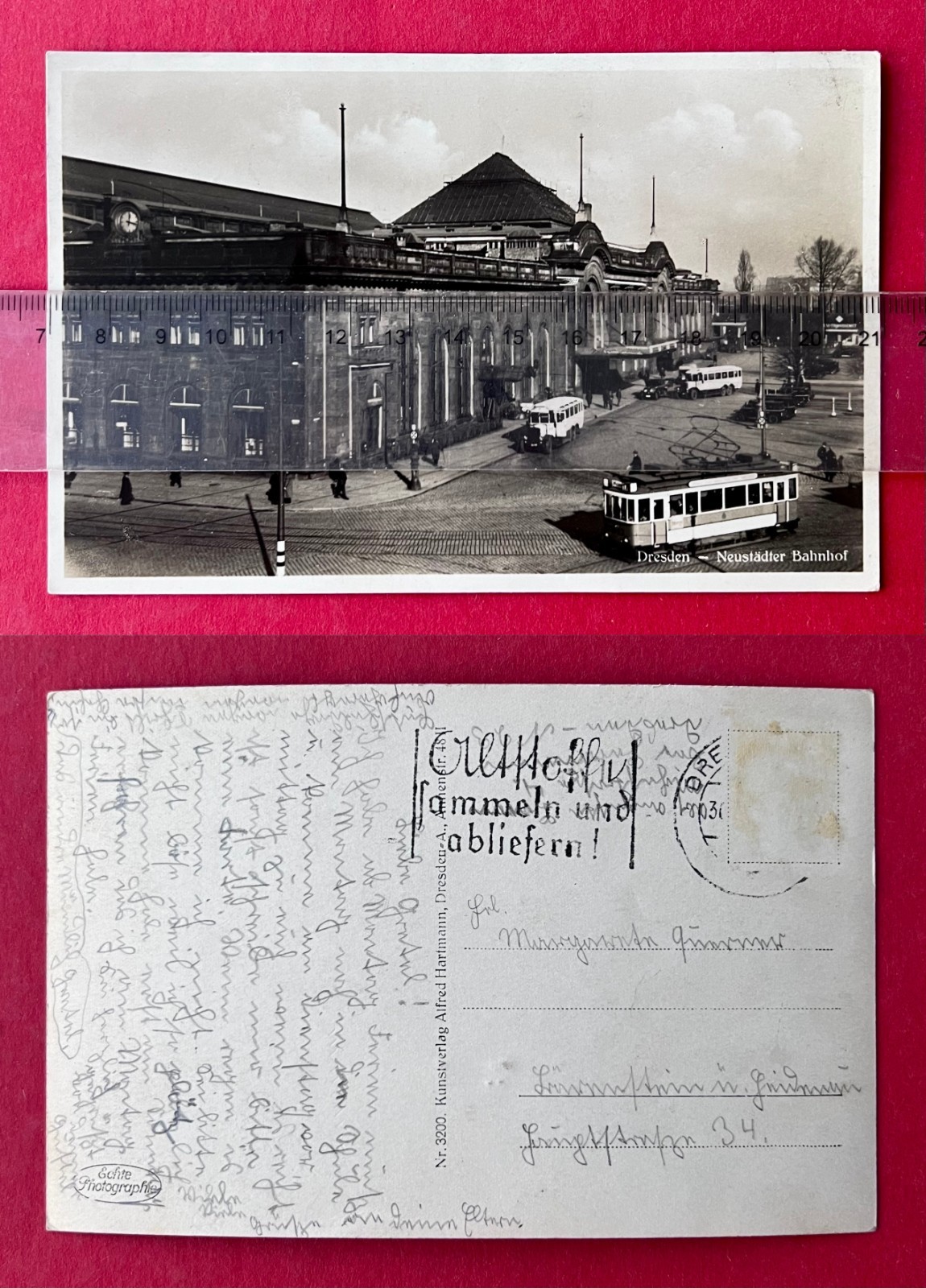Photo postcard Dresden around 1940 Neustadt station with bus tram (183233