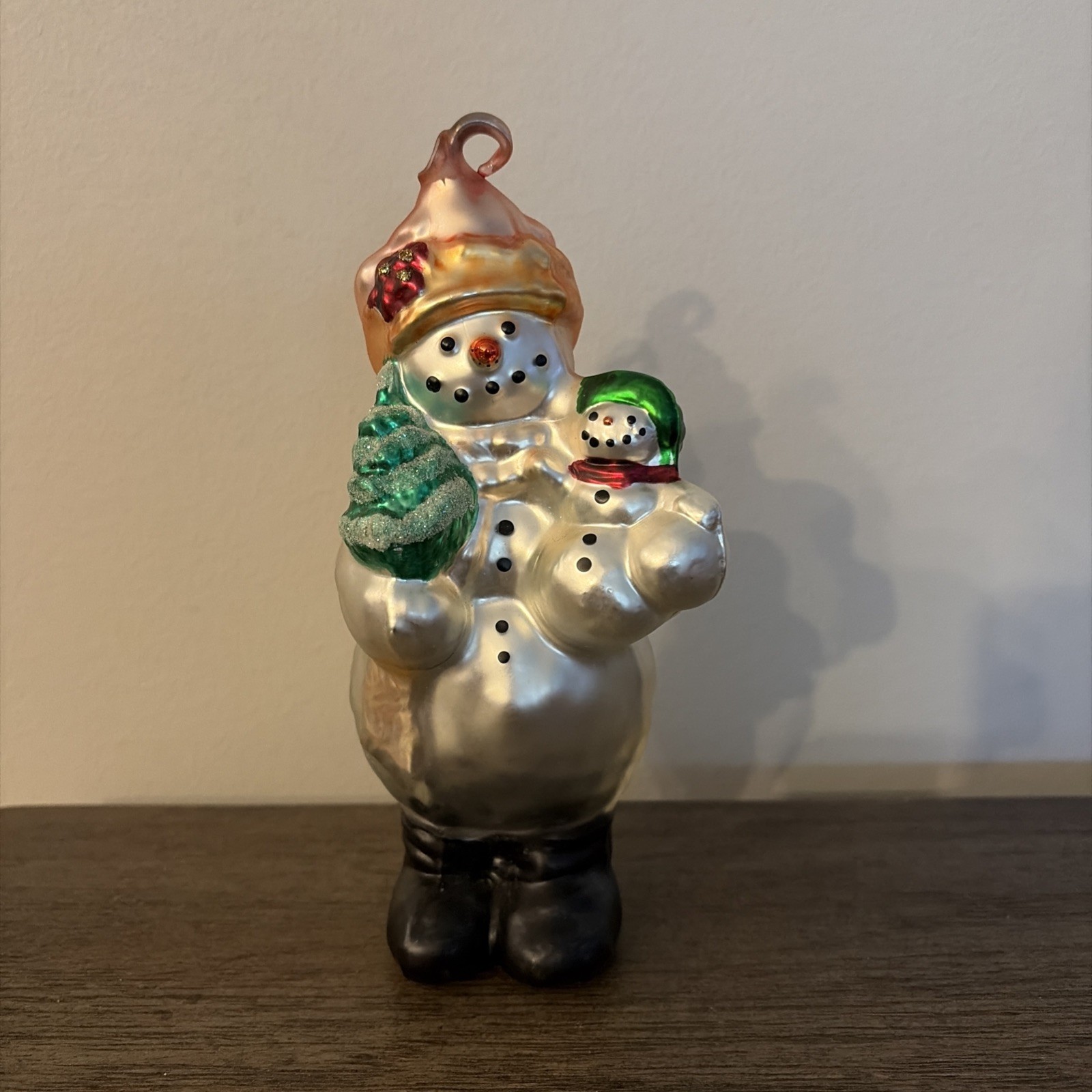 Vintage Dept 56 Large Snowman With Baby Handpainted Mercury Glass Ornament 7\