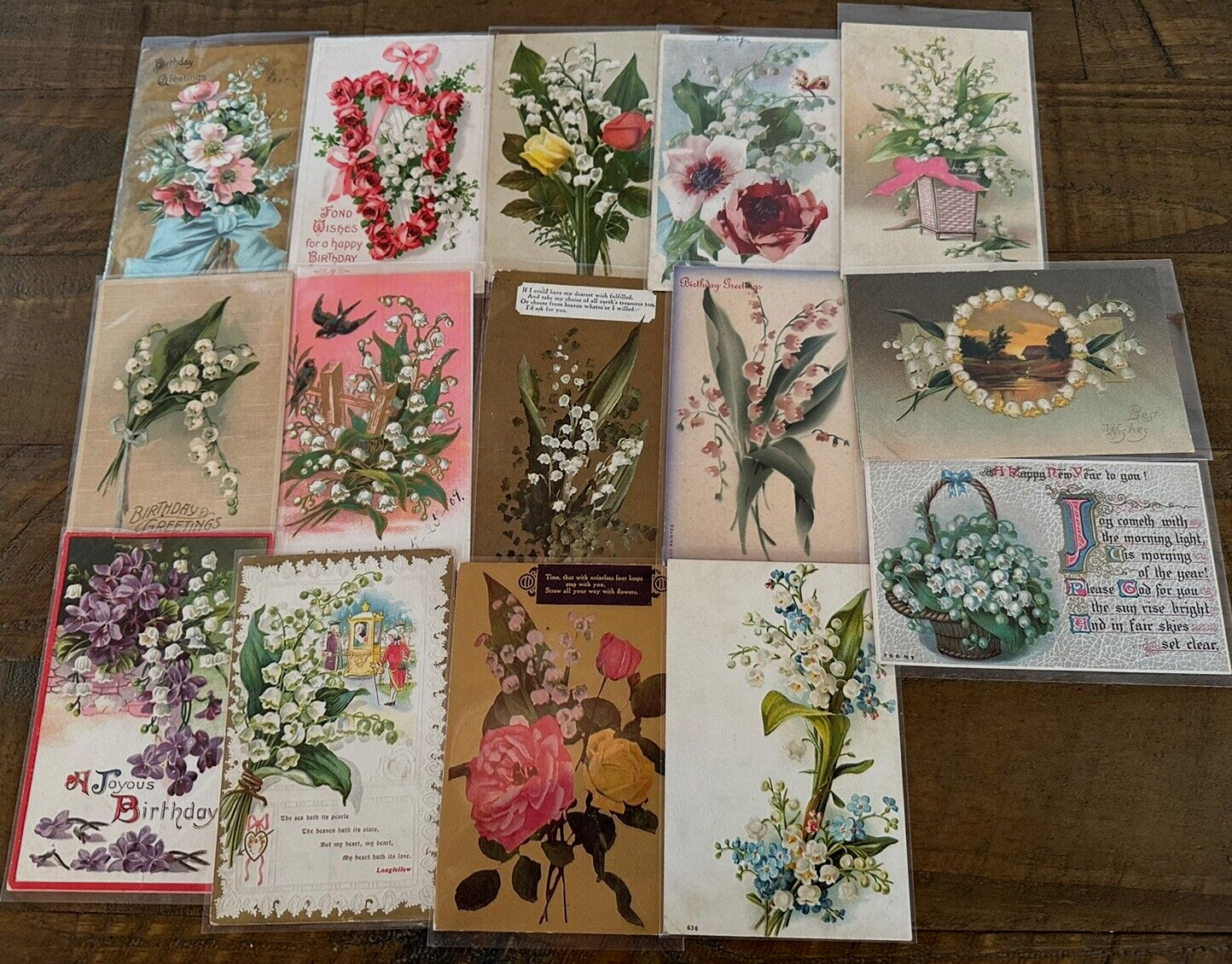 Pretty Lot of 15 Antique Greetings Postcards w. Lily of the Valley Flowers-h683