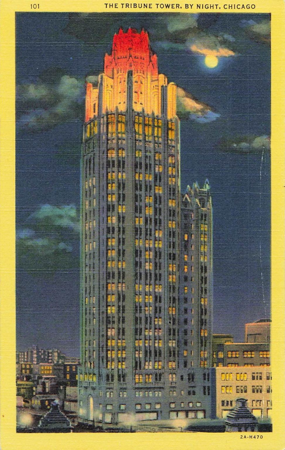 1932 Chicago Tribune Tower By Night Linen Postcard Curt Teich #2A-H470 1932 Chicago Tribune Tower By Night Linen Postcard Curt Teich #2A-H470