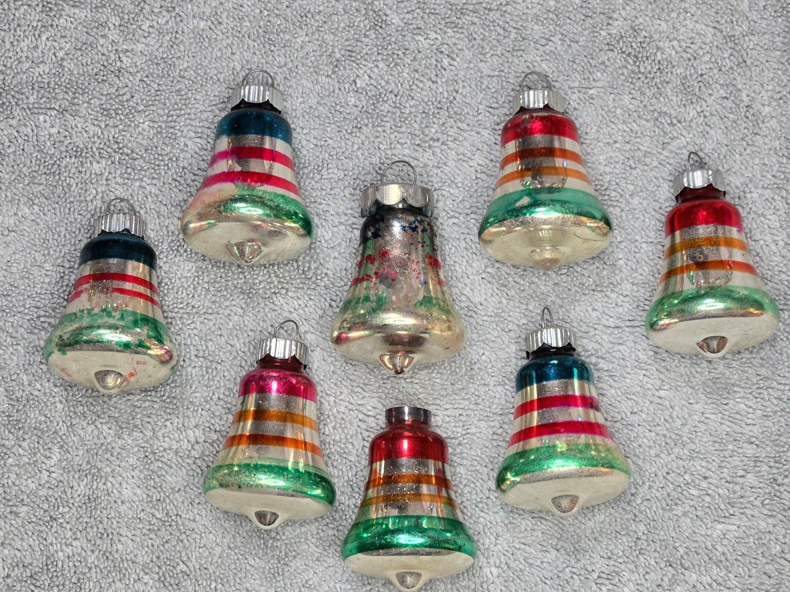 Vintage Shiny Brite Striped Glass Bell Christmas Tree Ornaments Lot Of 8