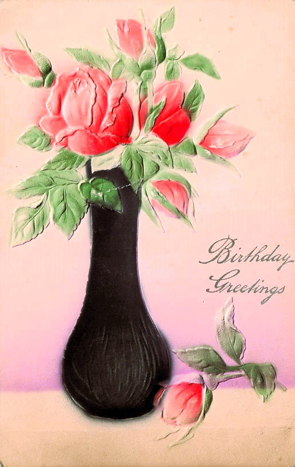 Birthday Card Black Bud Vase Red Roses Sill Life Embossed Vtg Postcard E20
