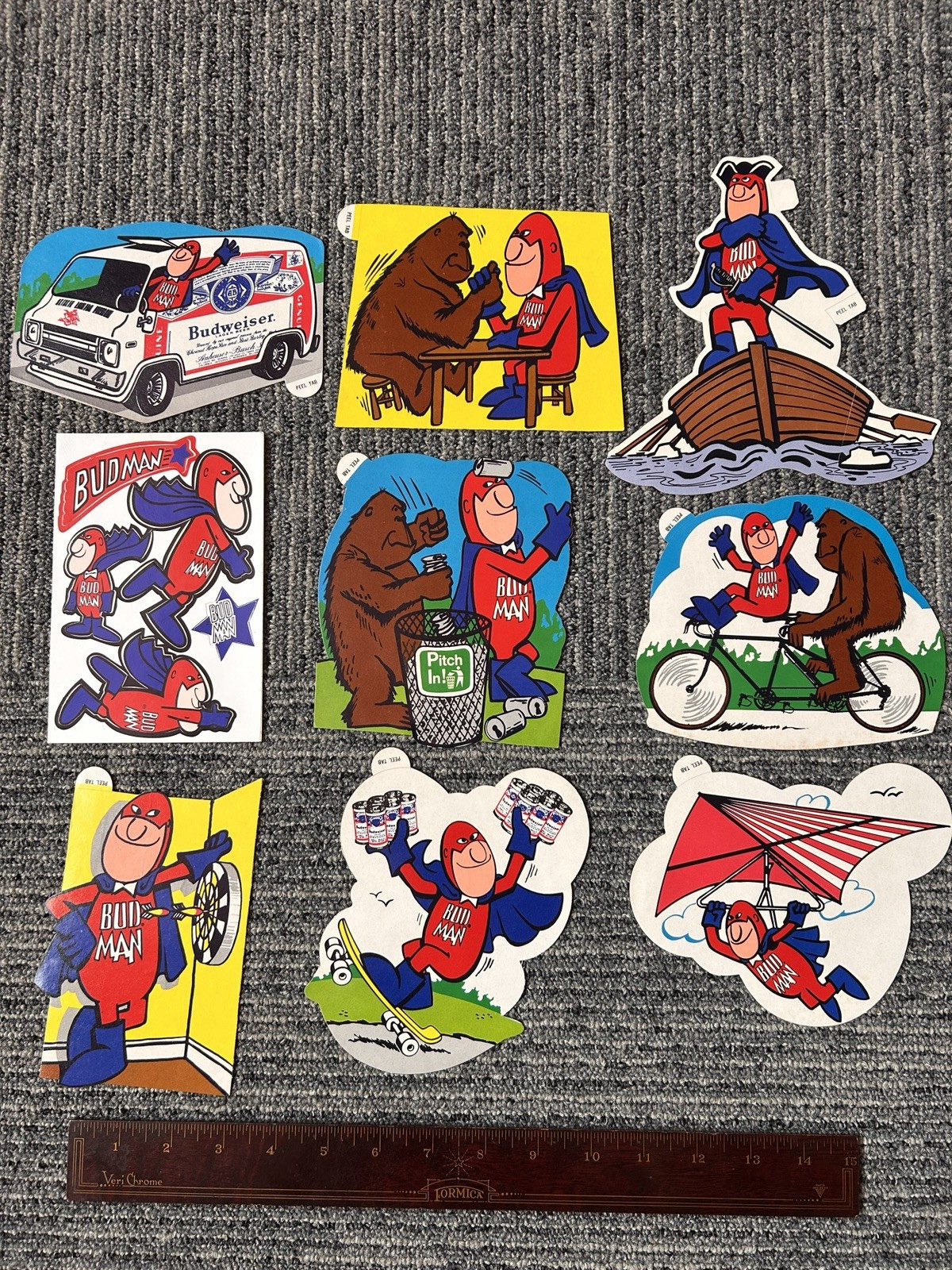 Vintage 1970s Budweiser Budman Sticker Lot of 9 VG-EX | Gorilla, Van, Darts, etc