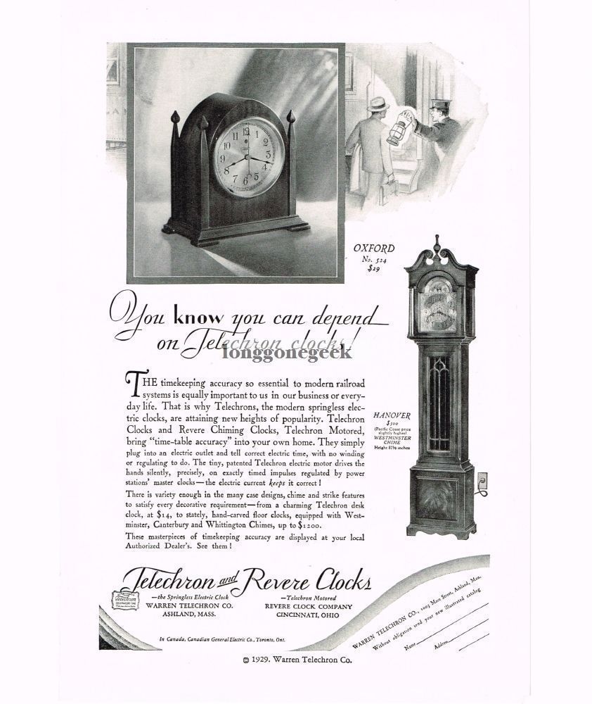 1929 Telechron and Revere Clock Oxford Mantle Hanover Tall Case Vintage Print Ad