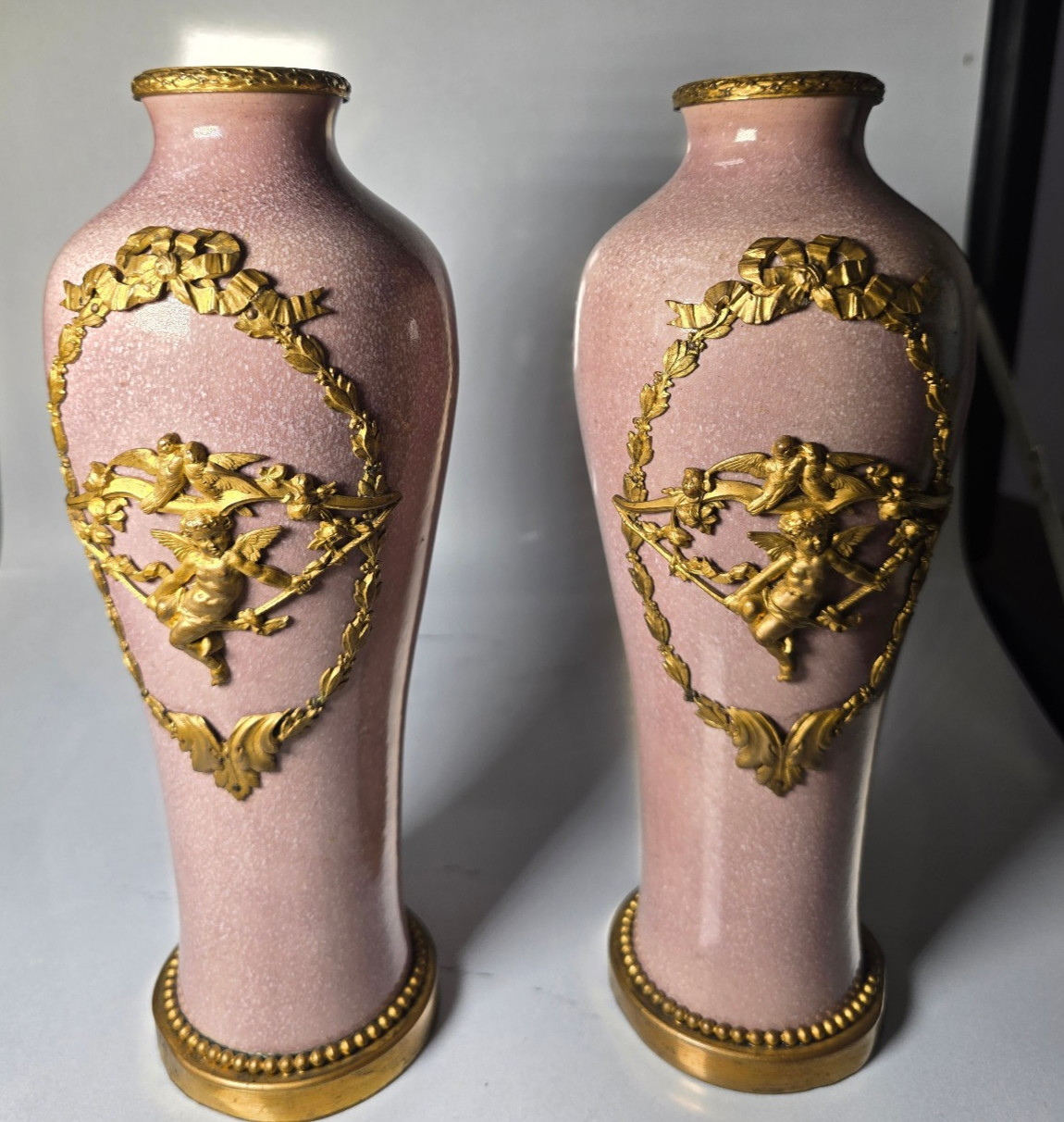 Rare Pair of Paul Milet MP Sèvres Pink Porcelain & Ormolu Cherub Vases