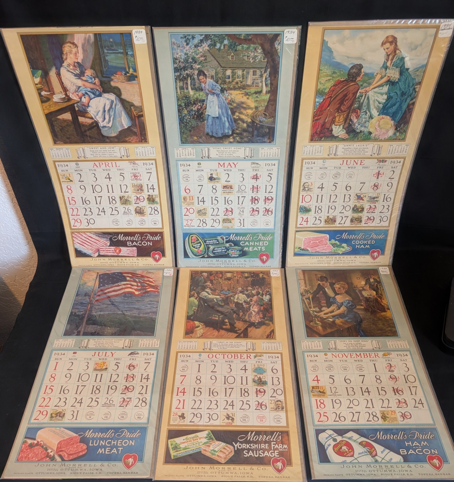 Six (6) 1934 John Morrell\'s Pride Meats Calendars Apr-Jul, Oct & Nov Ottumwa IA 