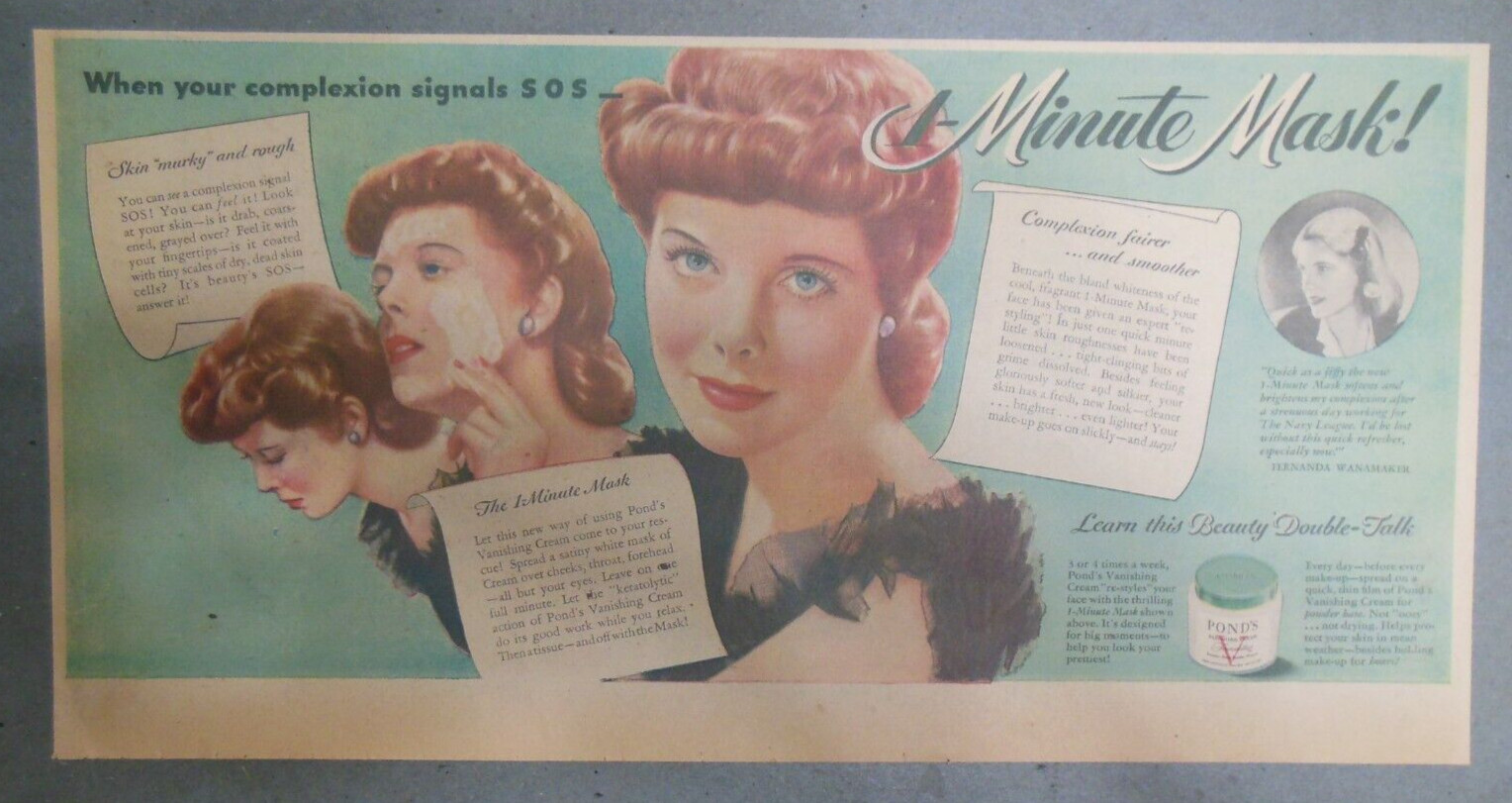 Pond\'s Ad: Mrs. Fernanda Wanamaker Ponds 1 Minute Mask from 1940\'s 7.5 x 15 inch
