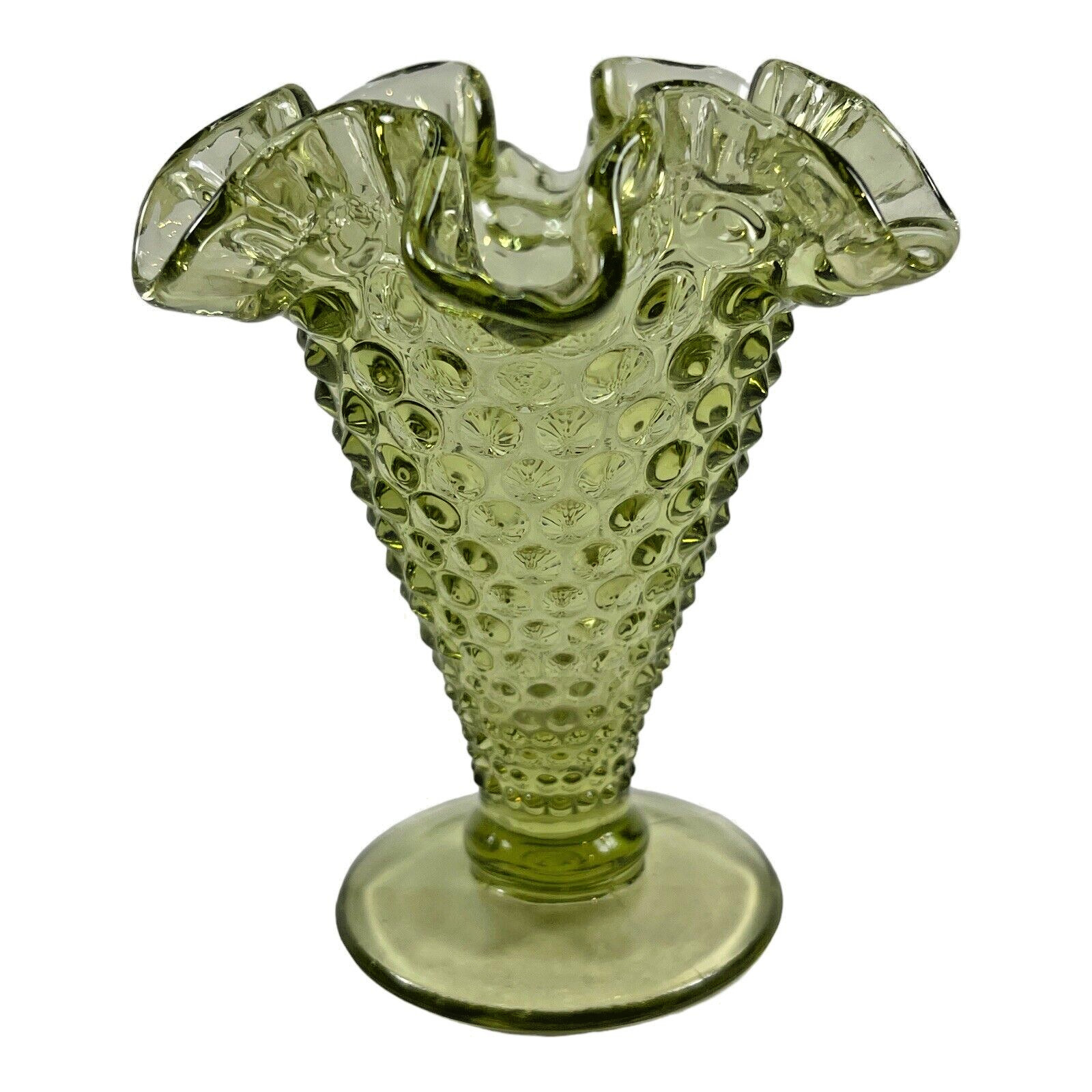 Vintage Colonial Green Fenton Hobnail Ruffled Edge Footed Vase