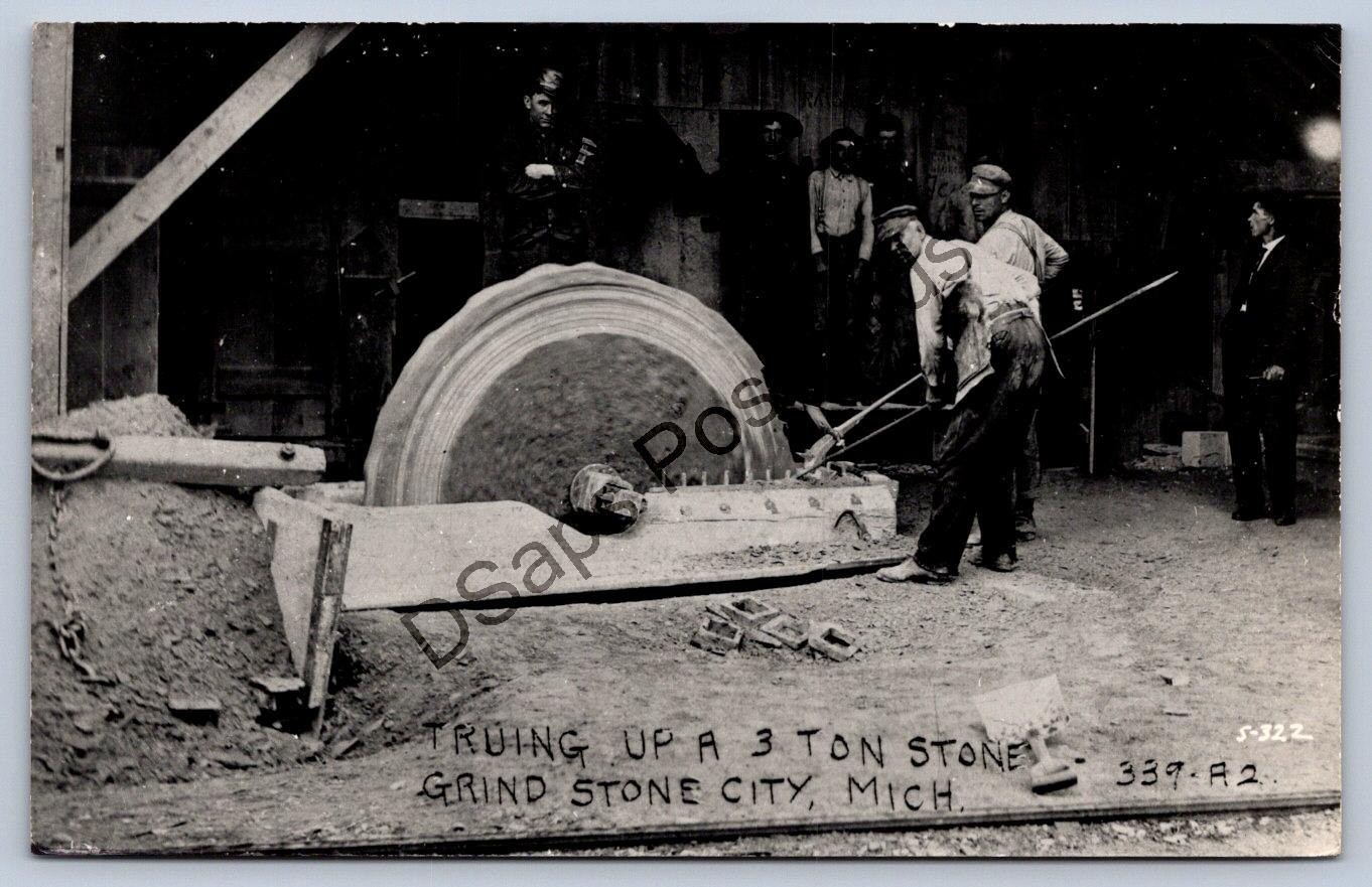 Michigan Rppc Postcard c1930-50s Truing Up 3 Ton Stone Grind Stone City Michigan Rppc Postcard c1930-50s Truing Up 3 Ton Stone Grind Stone City