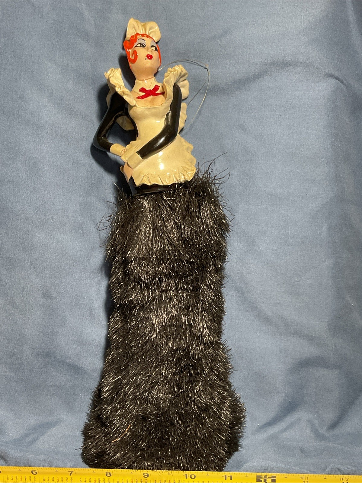 Vintage 30s-50s French Maid Painted Chalkware Composition Handle Faux Fur Duster