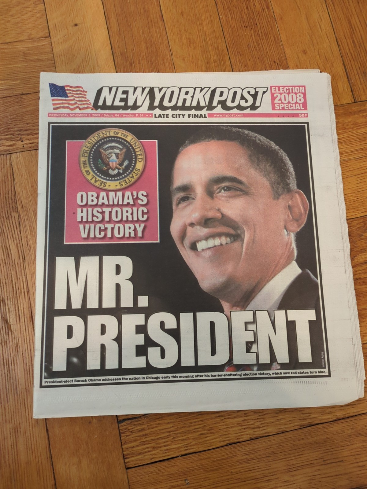 Barack Obama Becomes President New York Post Full Newspaper Nov 5 2008.