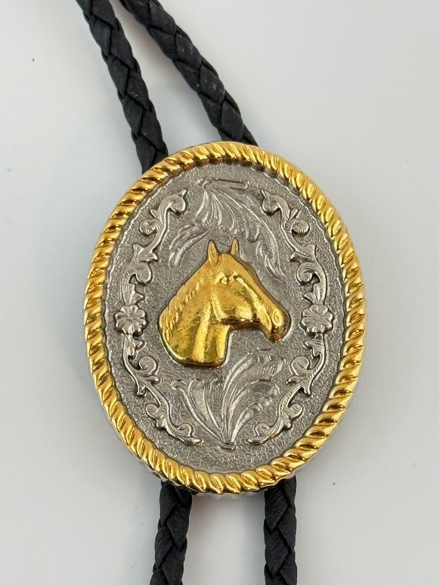 Vintage Horse Head Bolo Tie Western Cowboy Gold Silver Tone Rodep