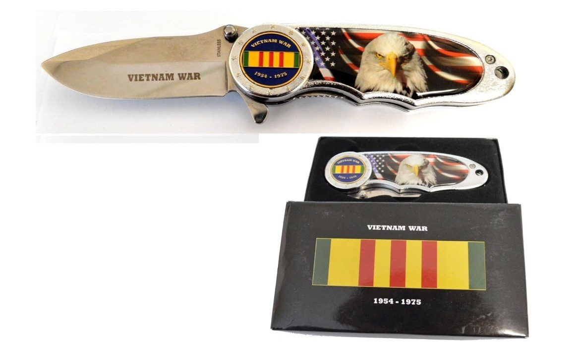 7.5'' Vietnam War Commemorative Pocket Knife with Bald Eagle & American Flag 7.5'' Vietnam War Commemorative Pocket Knife with Bald Eagle & American Flag