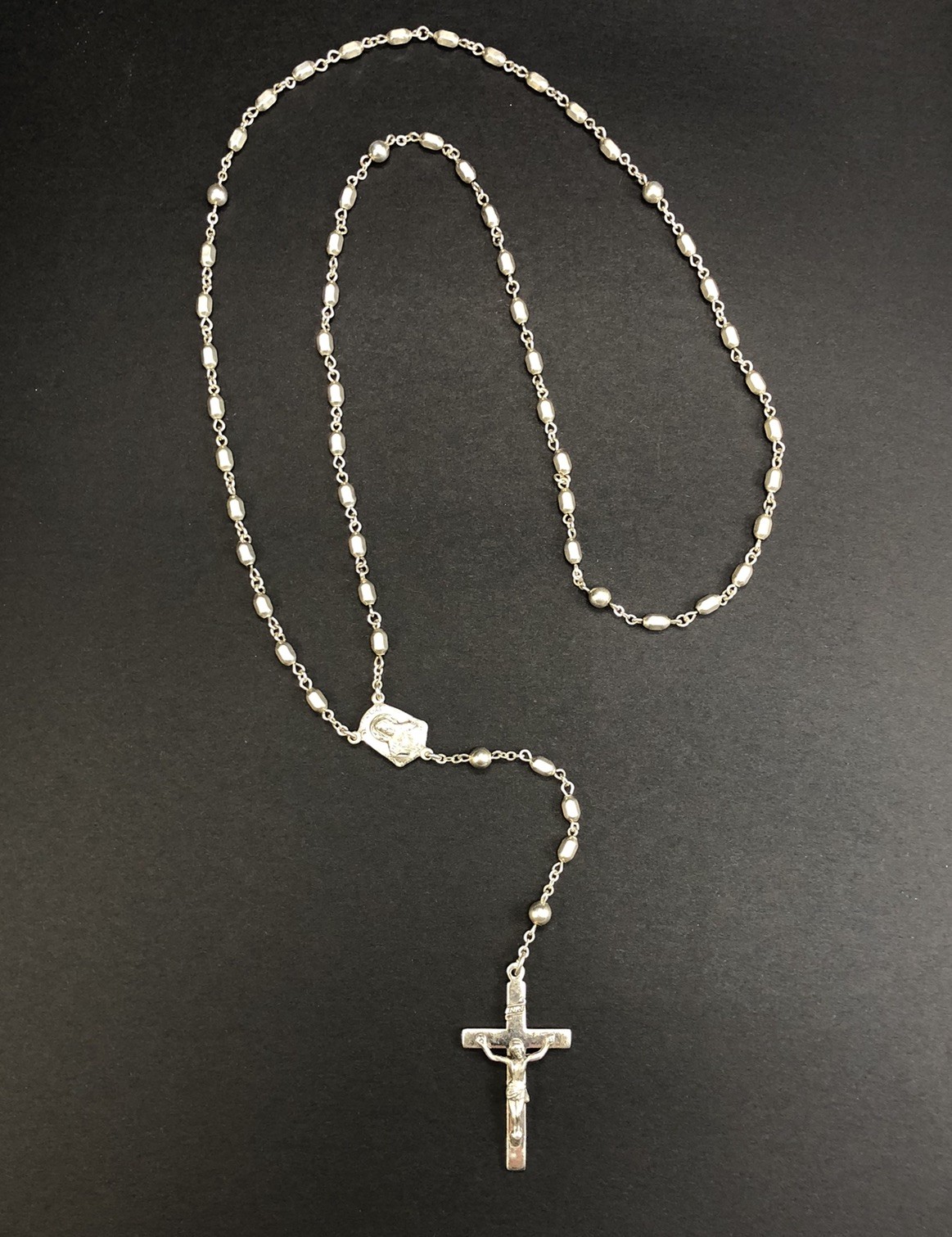 1950’s Solid Sterling Silver Creed Catholic Rosary Cross Crucifix Necklace 23g