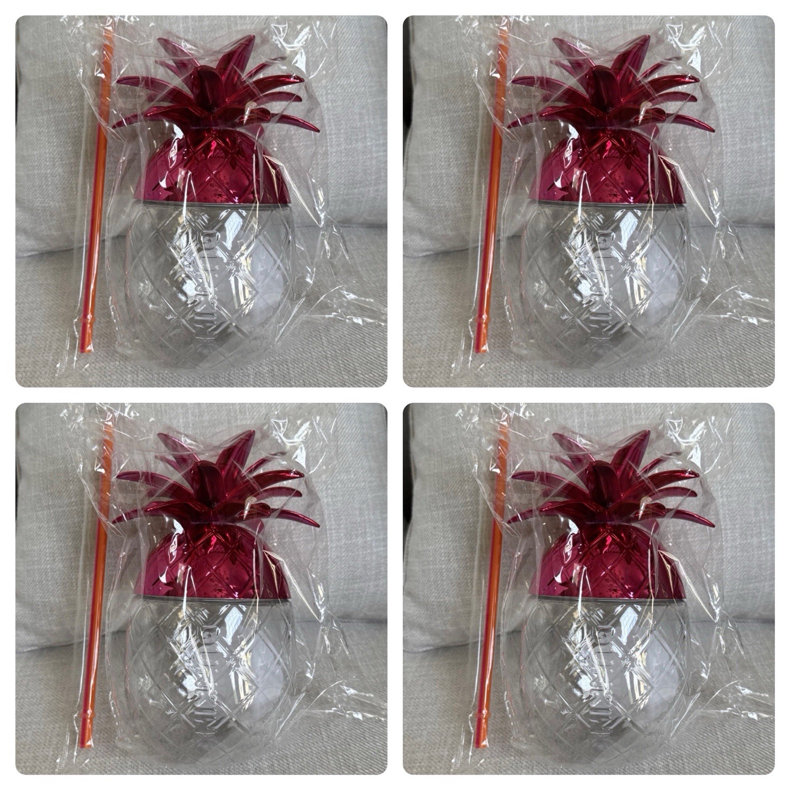 4 Dunkin Limited Addition Pineapple Cup Clear Cup With Pink Pineapple Lid NEW