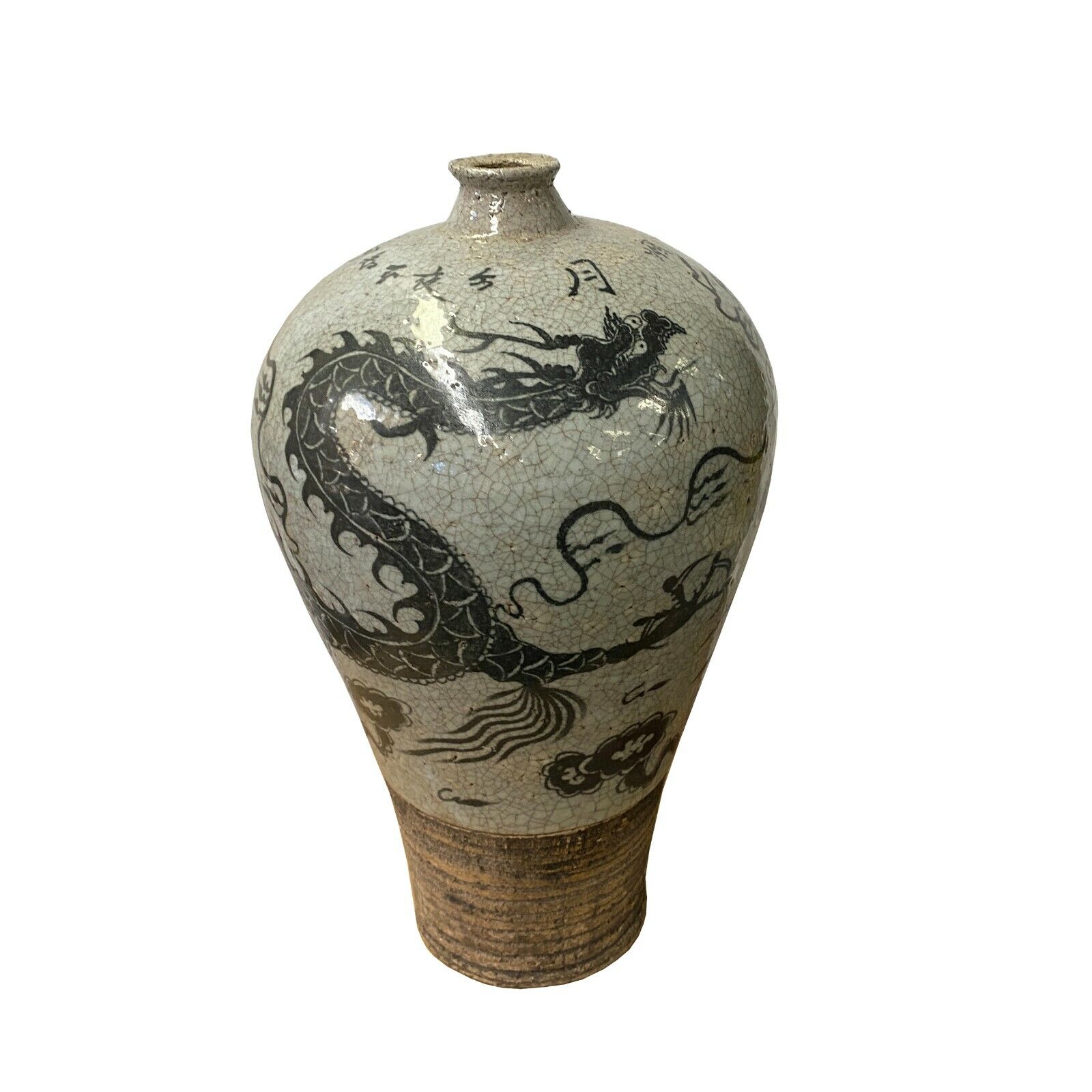 Chinese Crackle Gray Ceramic Hand-painted Dragon Vase ws1406