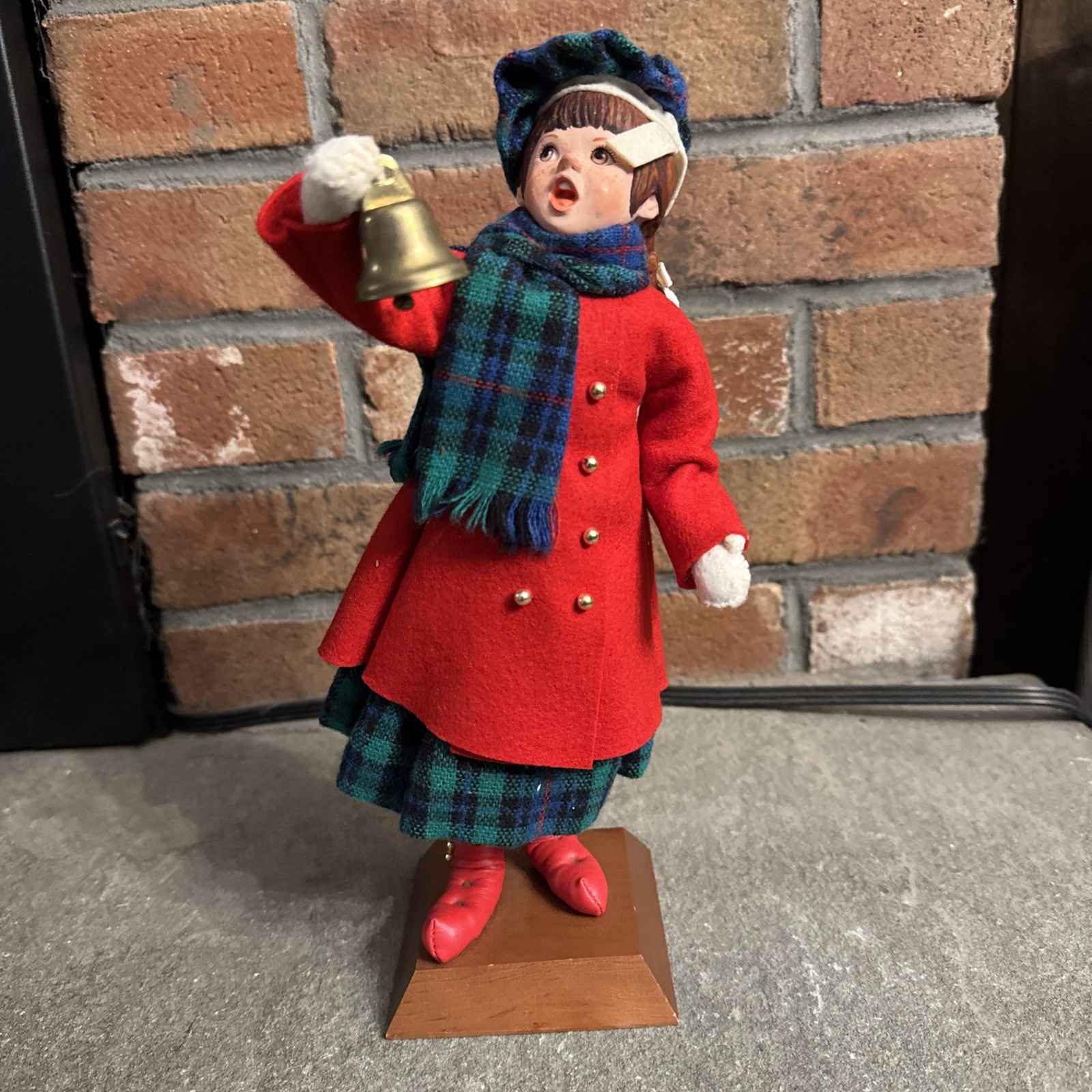 Vintage 1988 Simpich Character Doll Girl with Bell Red Coat Plaid Scarf Handmade