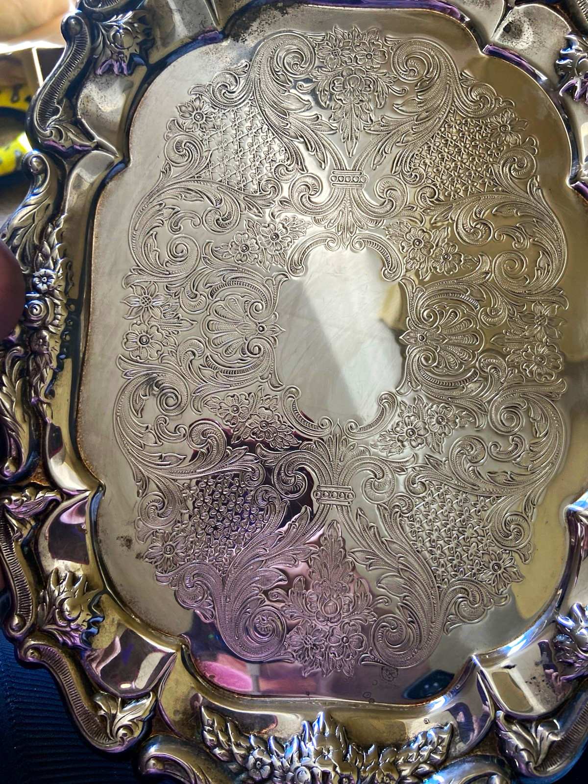 Oneida Silver Plated Oval Serving Tray Ornate Engraved Floral Scroll