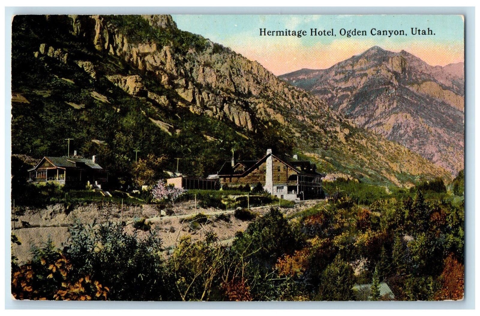 c1910's Hermitage Hotel & Restaurant Cliffs Building Ogden Canyon Utah Postcard