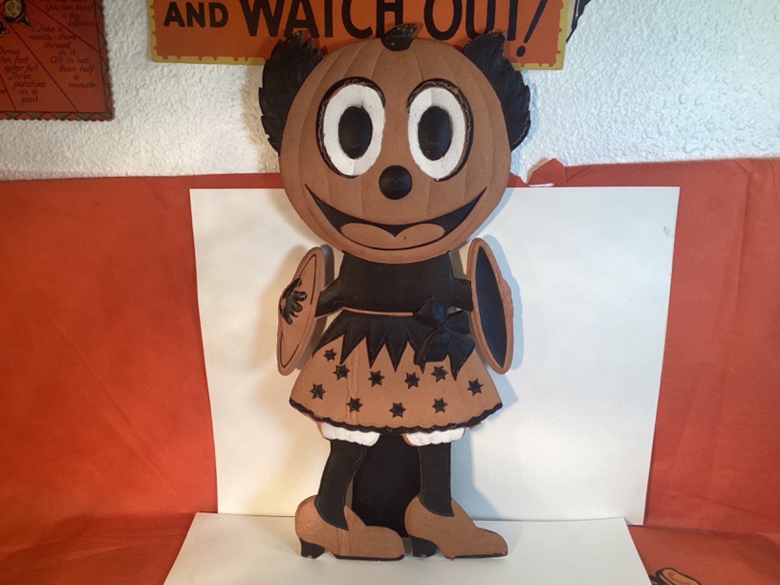 VINTAGE HALLOWEEN GERMAN MICKEY GIRL PLAYING CYMBALS DIE CUT STANDEE ANTIQUE VINTAGE HALLOWEEN GERMAN MICKEY GIRL PLAYING CYMBALS DIE CUT STANDEE ANTIQUE