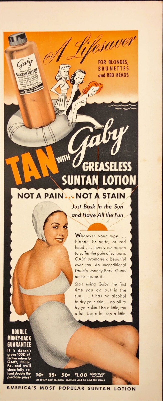 Gaby Suntan Lotion For Blondes Brunettes and Red Heads Vintage Print 1942