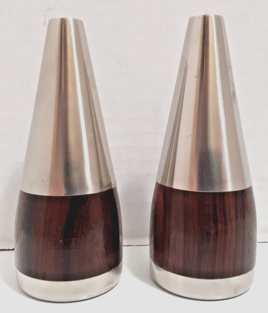 Vintage Danish MCM Salt & Pepper Shakers Stainless Steel & Wood 3.75\