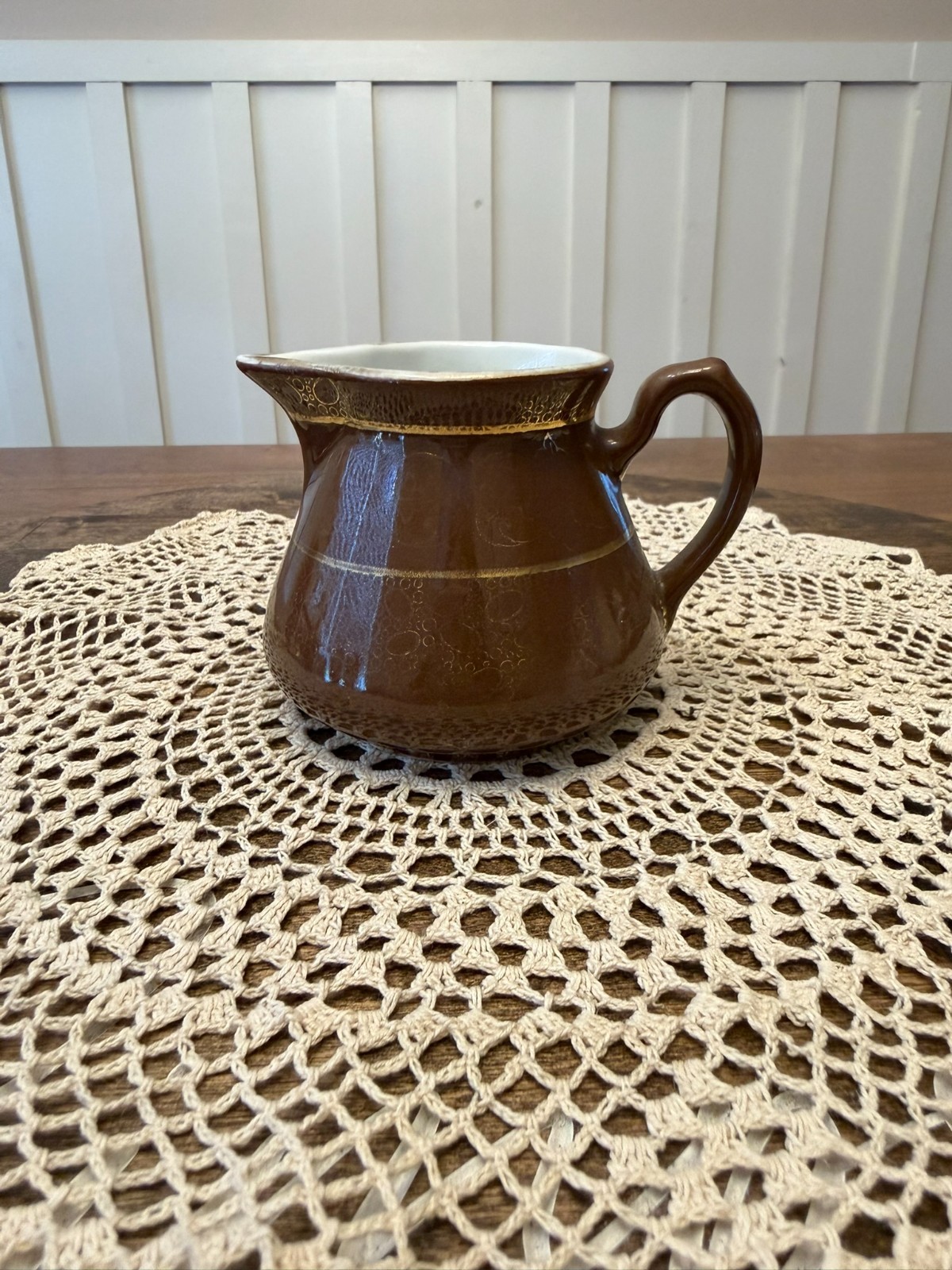 Hall China Company 1930s-50s Small Pitcher, Brown with Gold Lace Creamer