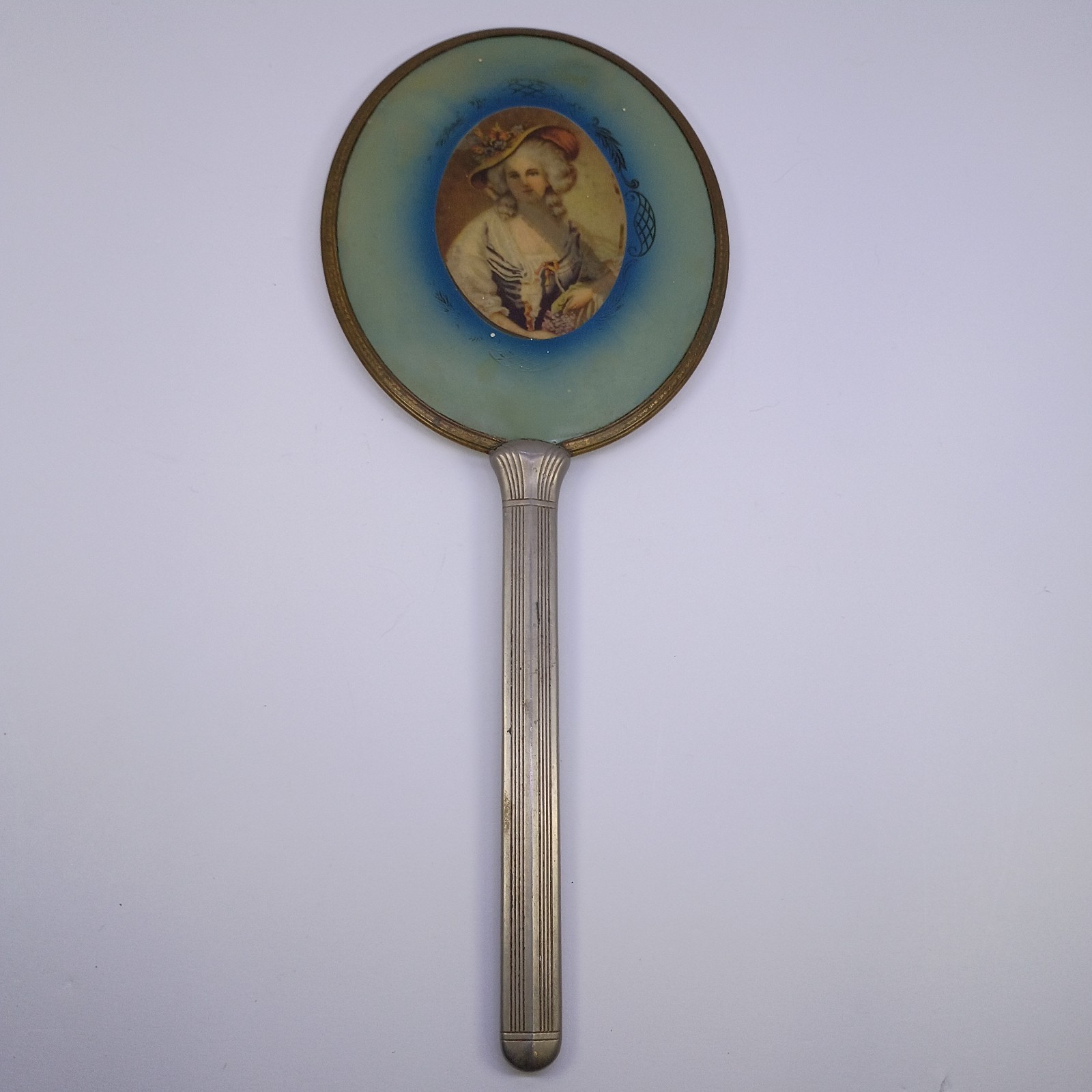 Vintage Art Deco Vanity Hand Mirror Lady Portrait Blue Green Metal Handle