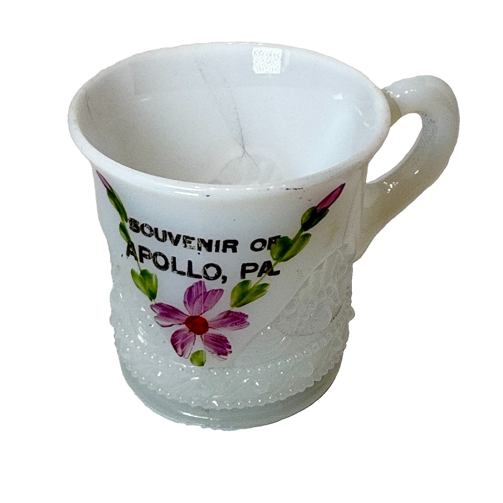 APOLLO Pennsylvania PA Antique DEPRESSION WHITE MILK Glass Souvenir MUG CUP APOLLO Pennsylvania PA Antique DEPRESSION WHITE MILK Glass Souvenir MUG CUP