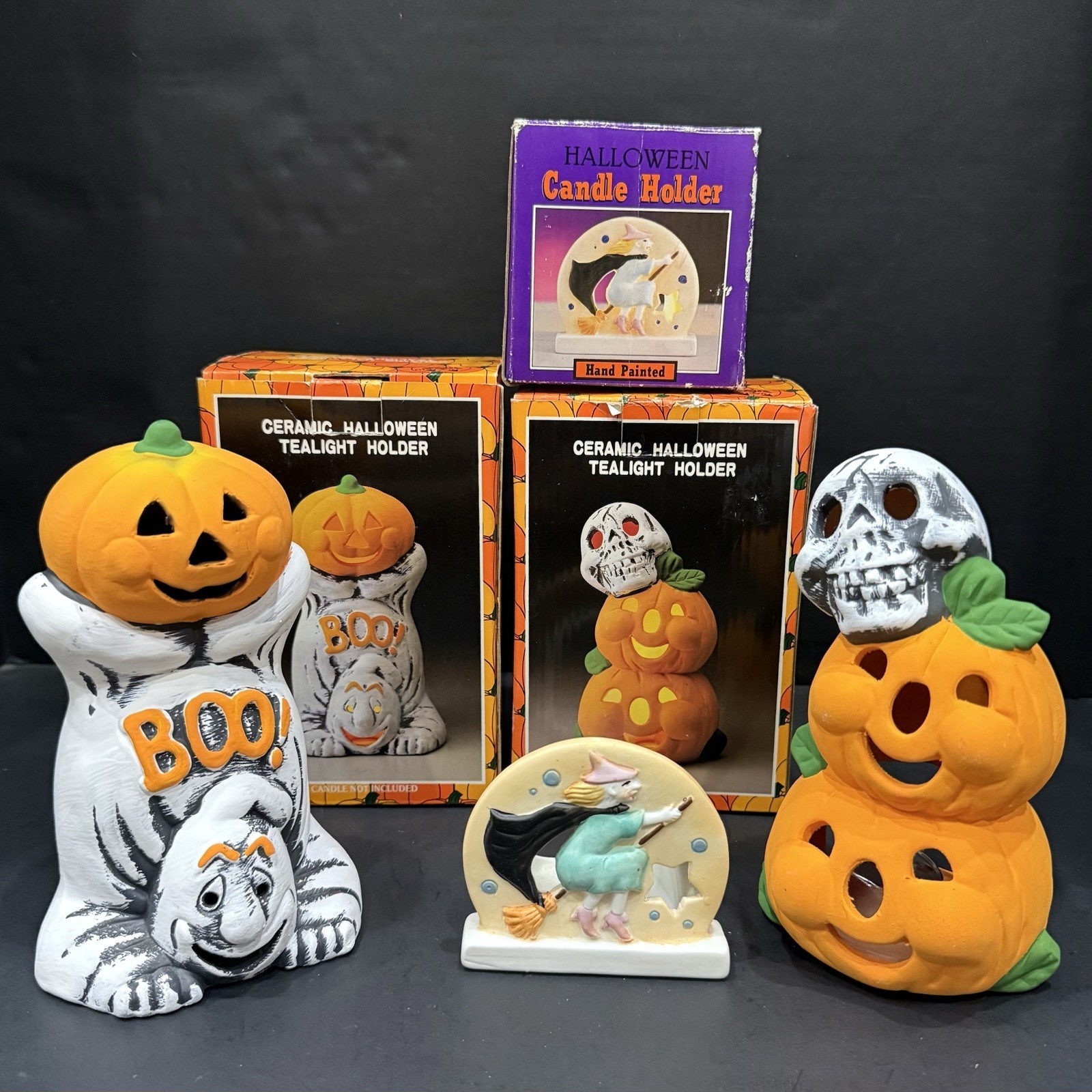 3 VTG Halloween Tea Light Candle Holders Votive Lot Skull Pumpkins Festive Decor