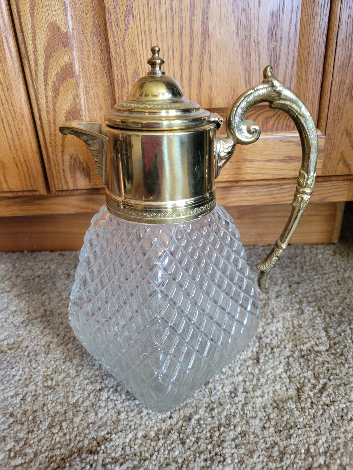 Grand Cut Crystal Pitcher with Gold Tone Mounts and Handle and Ice Insert