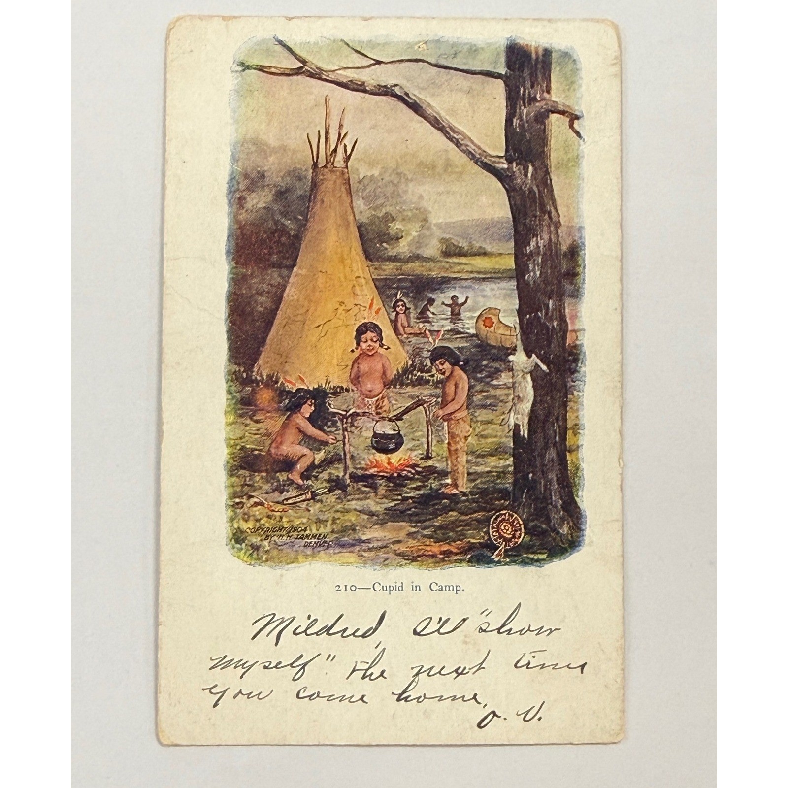 Antique 1904 H.H. Tammen Postcard 210 Cupid in Camp Native American 1907 Pmark