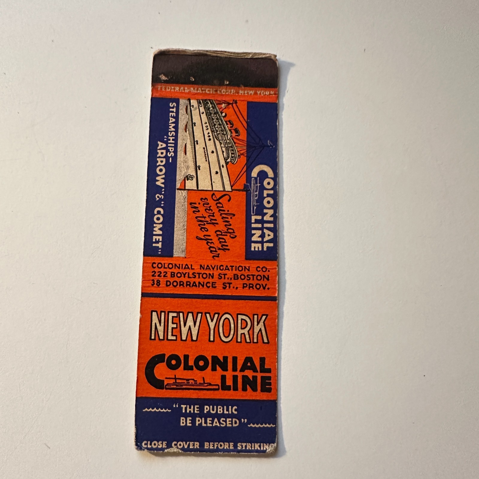 Colonial Navigation Co New York Colonial Line Vintage Matchbook Cover 5MB126-2