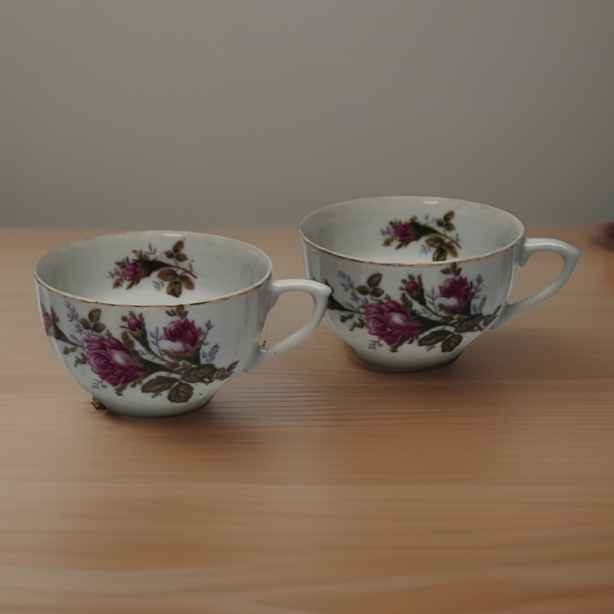 Vintage Japan Porcelain Tea Cups Pair Floral Pink Rose Gold Rim Collectible Vintage Japan Porcelain Tea Cups Pair Floral Pink Rose Gold Rim Collectible