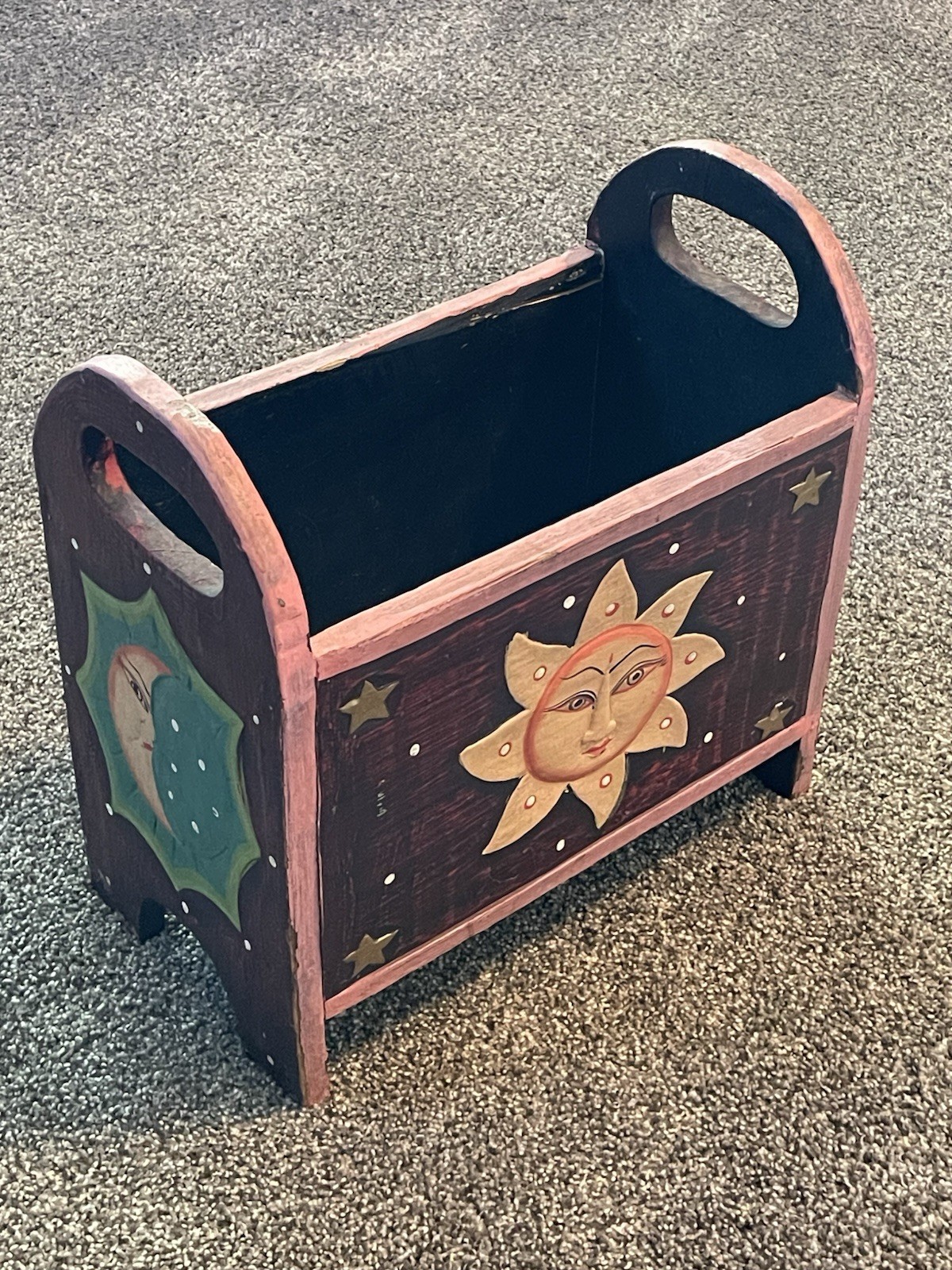 VTG Hand Painted Wood Magazine Rack Sun Moon Celestial Folk Art Whimsigoth