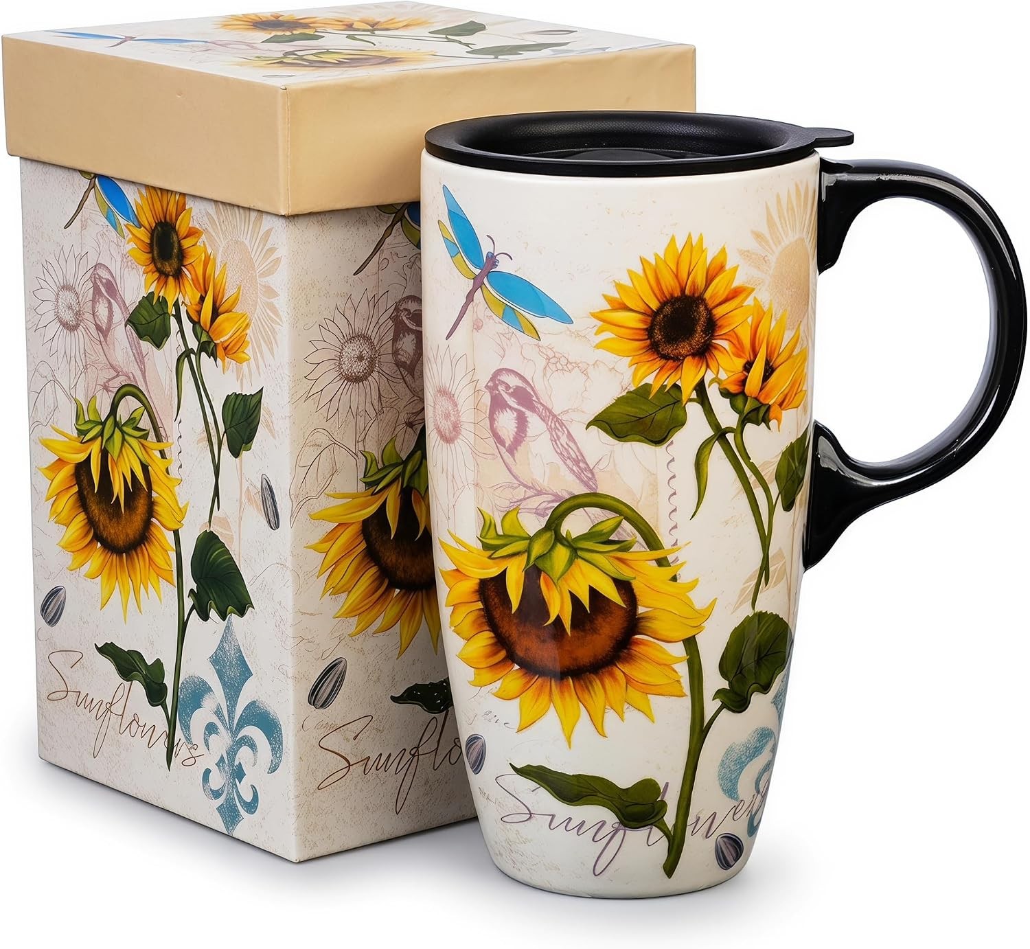 Topadorn 17oz Sunflower Ceramic Coffee Mug with Lid, Vintage Floral Porcelain... Topadorn 17oz Sunflower Ceramic Coffee Mug with Lid, Vintage Floral Porcelain...