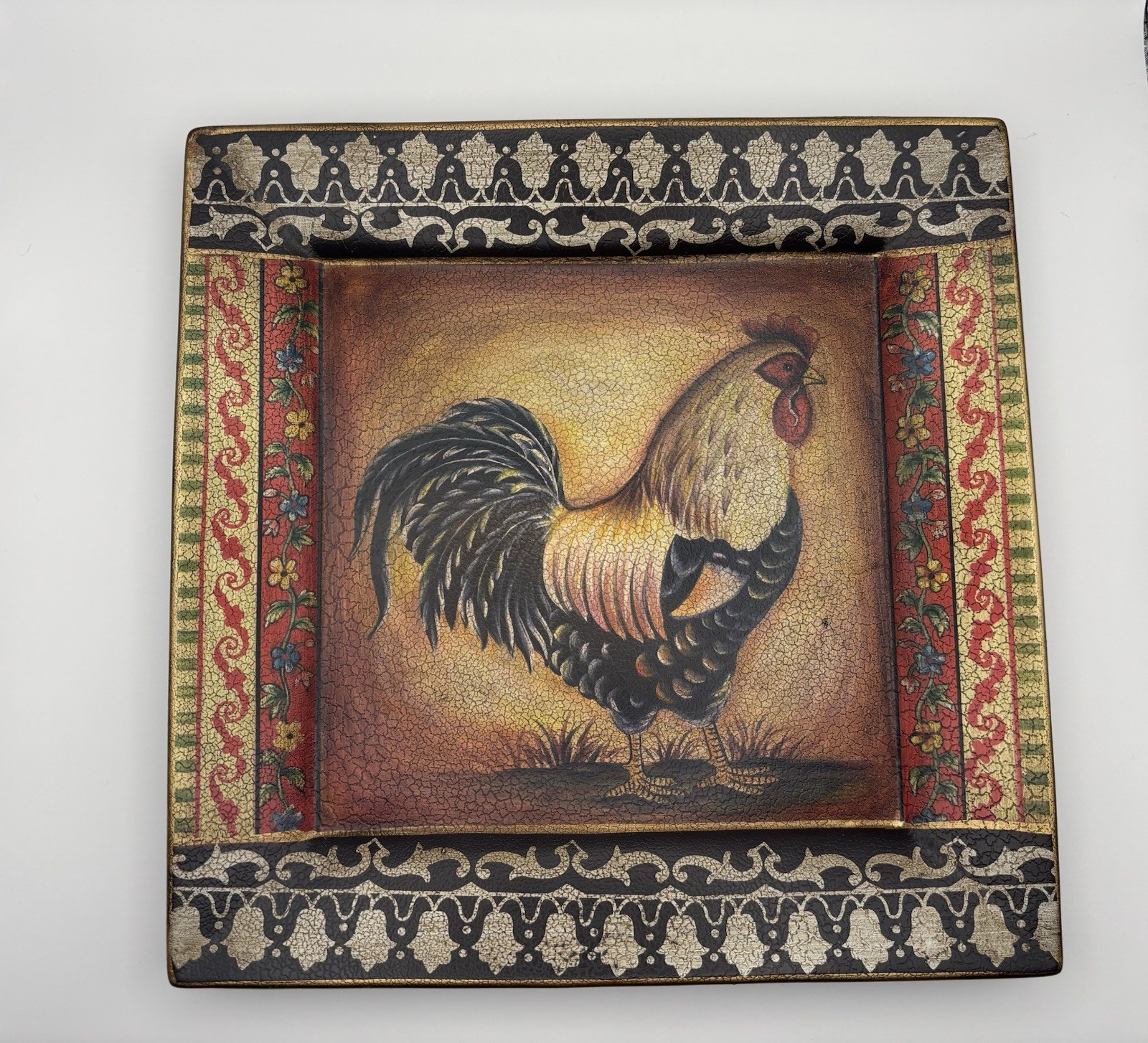 Vintage Rooster Decorative Plate Square 10.5” Crackle Farmhouse French Country