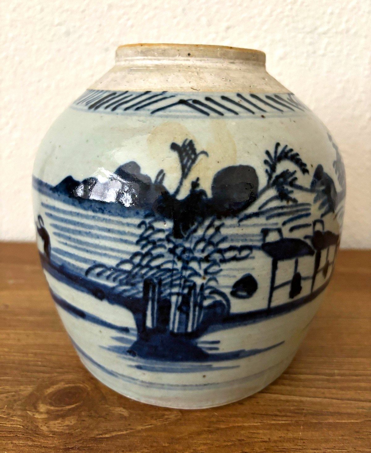 Vintage Chinese Blue & White Porcelain Ginger Jar/No Lid.